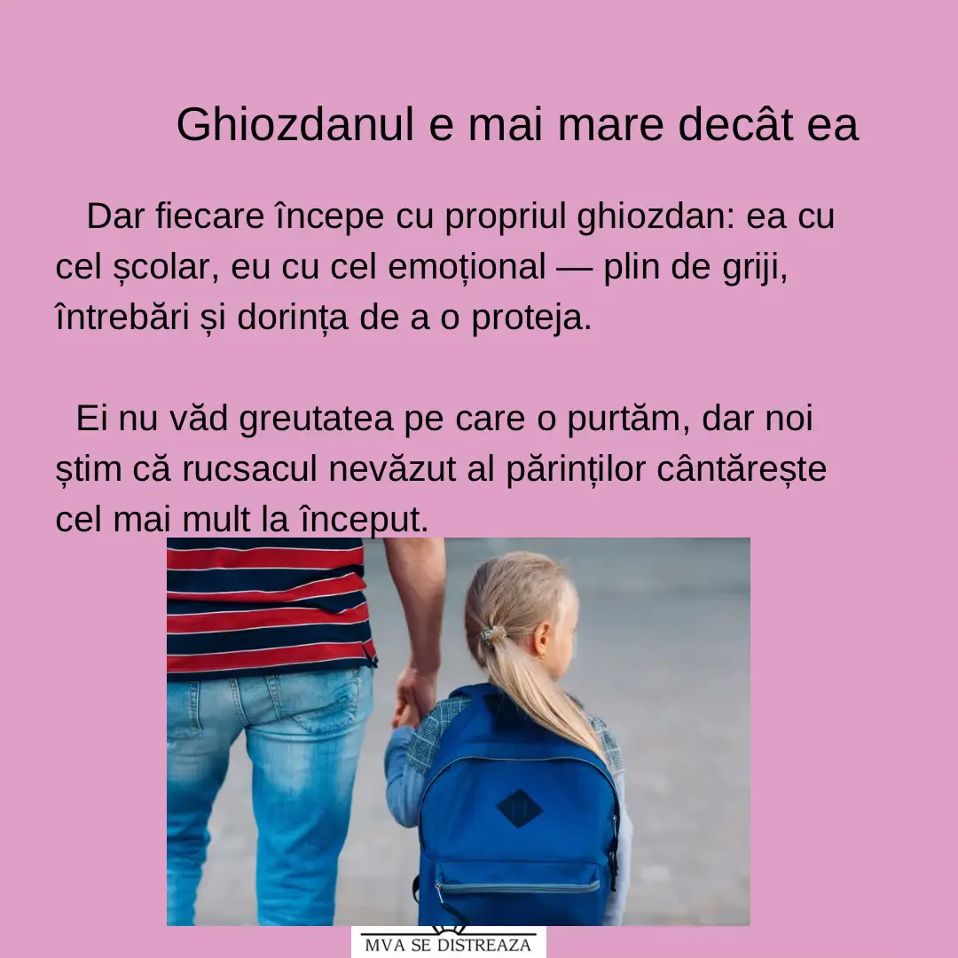 Ghiozdanul e mai mare decât ea. Și totuși, mâine îl va purta cu o încredere pe care eu abia învăț să o am.   La început de clasa 0, fiecare dintre noi își duce propriul ghiozdan: ea – plin de caiete, creioane și curiozitate; eu – plin de emoții, griji și dorința de a o ține de mână cât mai mult. Clasa 0 e un prag nu doar pentru copii, ci și pentru părinți. Ei pășesc spre descoperire, noi spre desprindere. Și totuși, amândoi avem nevoie de sprijin. 📖 Făcând o mică abatere către logopedie, știu cât de important este să ajungă la școală cu un bagaj de limbaj solid: să poată înțelege explicațiile, să se exprime clar, să spună ce simte și ce gândește. În lipsa acestor resurse pot apărea timiditatea, frustrarea, dificultăți de învățare sau chiar situații de bullying. #backtoschoolcheck #parinti #copii 