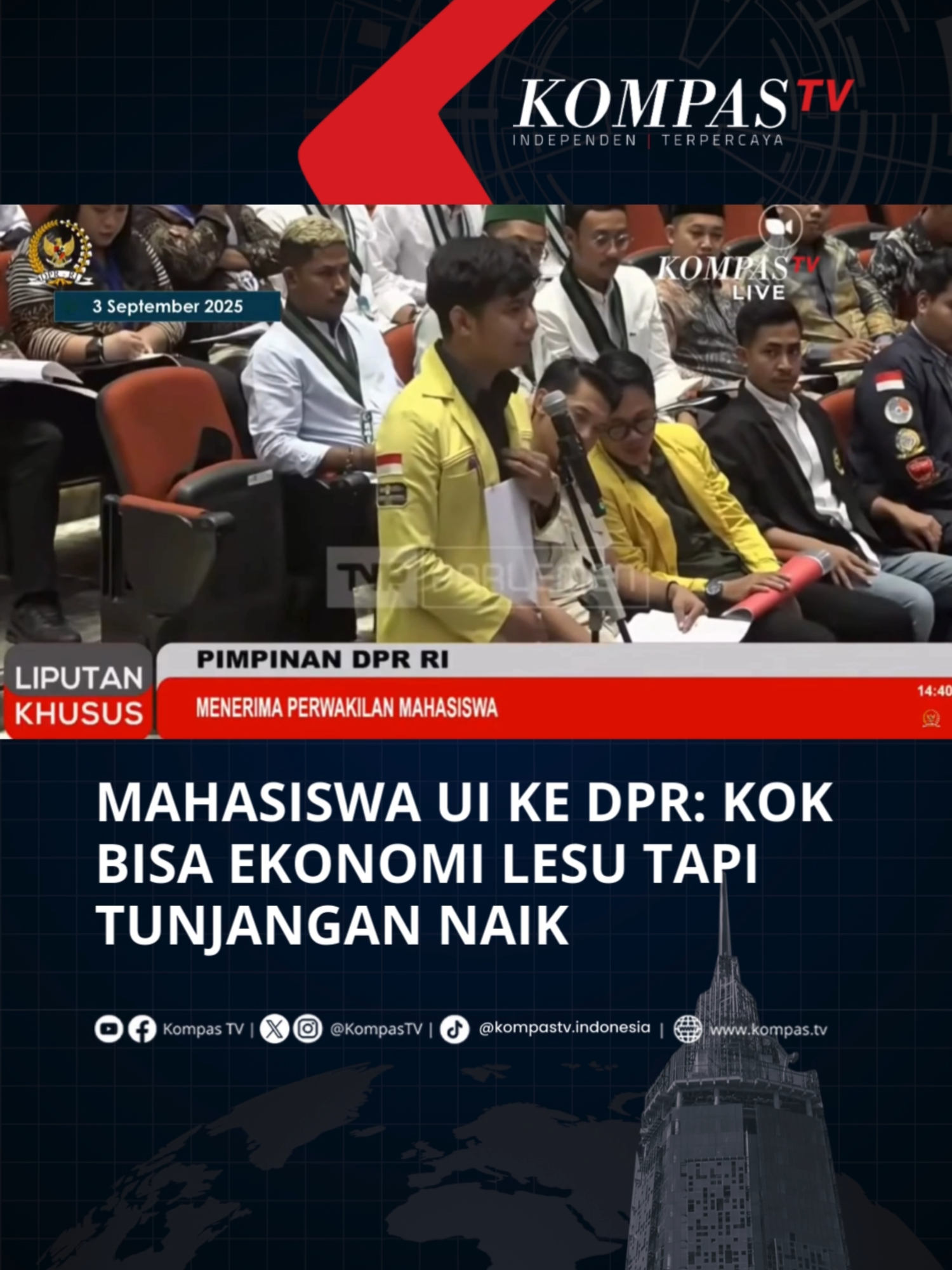 Sejumlah perwakilan mahasiswa dari badan eksekutif mahasiswa hingga organisasi kepemudaan menyampaikan aspirasi kepada pimpinan DPR RI mengenai rangkaian demonstrasi beberapa hari terakhir. Perwakilan mahasiswa Universitas Indonesia (UI), Agus Setiawan, menyindir kenaikan tunjangan anggota DPR yang disambut dengan aksi berjoget bersama, di tengah kondisi ekonomi masyarakat yang sedang sulit. Agus menyampaikan hal itu dalam pertemuan dengan pimpinan DPR RI di Ruang Abdul Muis, Gedung Nusantara, Kompleks Parlemen, Jakarta, Rabu (3/9/2025). Tuliskan komentarmu dan dapatkan berita terkini lainnya di www.kompas.tv serta youtube.com/kompastv #SOROTKompasTV #TikTokBerita