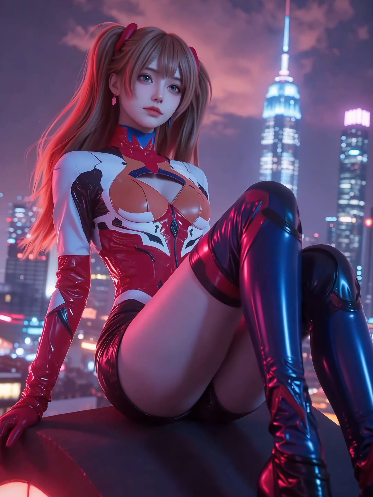 When Asuka’s red bathes the twilight of the cyberpunk city. #Asuka #EVA #NeonGenesisEvangelion