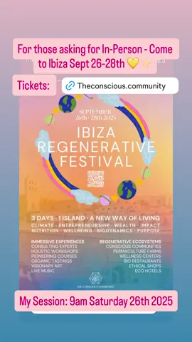 Flights Booked? My Innerdance In-Person Session - Saturday 26th September 2025. See you there Earth Angels 🌀 🌍 Ibiza Regenerative Festival · Sept 26–28, 2025* 3 days. Multiple venues. 80 activities curated to show how regeneration is lived today in the island. *The General Ticket* gives you access to over 22 workshops, 11 talks, 14 live music concerts, tastings, ceremonies, and community gatherings. 🎟 Reserve your place today — space is limited  🔗 theconscious.community/event/ibiza-regenerative-festival-2025     