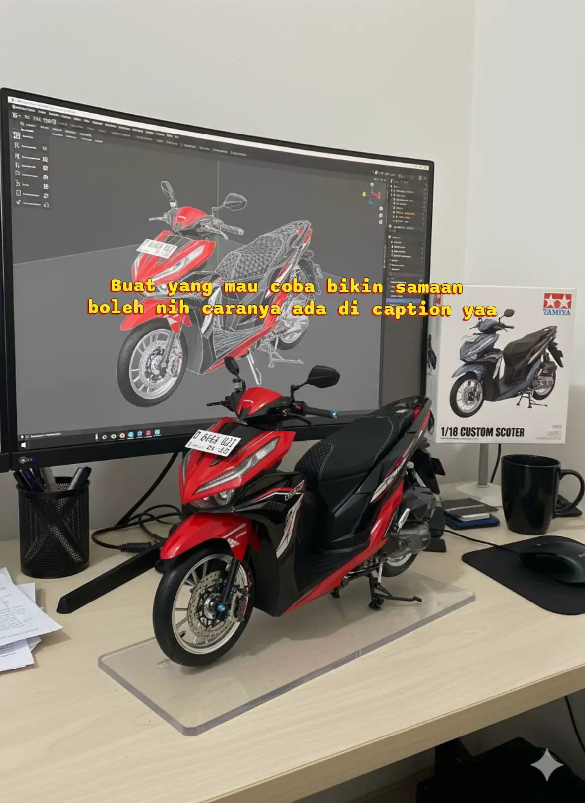 Slide 2 Buka websitenya Google gemini Slide 3 Udah masuk websitenya google gemini lanjut klik tanda tambah Slide 4 Pilih foto terbaik kalian buat di upload biar dapet foto yg kece parah Silde 5 Copy paste aja prompt dibawah ini create a 1/18 scale commercialized figurine of the car in the picture, in a realistic style, in a real environment. The figurine is placed on a computer desk. The figurine has a transparent acrylic base, with no text on the base. The content on the computer screen is the Blender modeling process of this figurine. Next to the computer screen is a TAMIYA style toy packaging box printed with the original artwork. Kalo ada yg kurang di coba lagi sampe berhasil, sampe menurut kalian paling pas.  Selamat mencoba yaa 🙌🏻 #vario #honda #miniatur #miniaturmotor #vario150 
