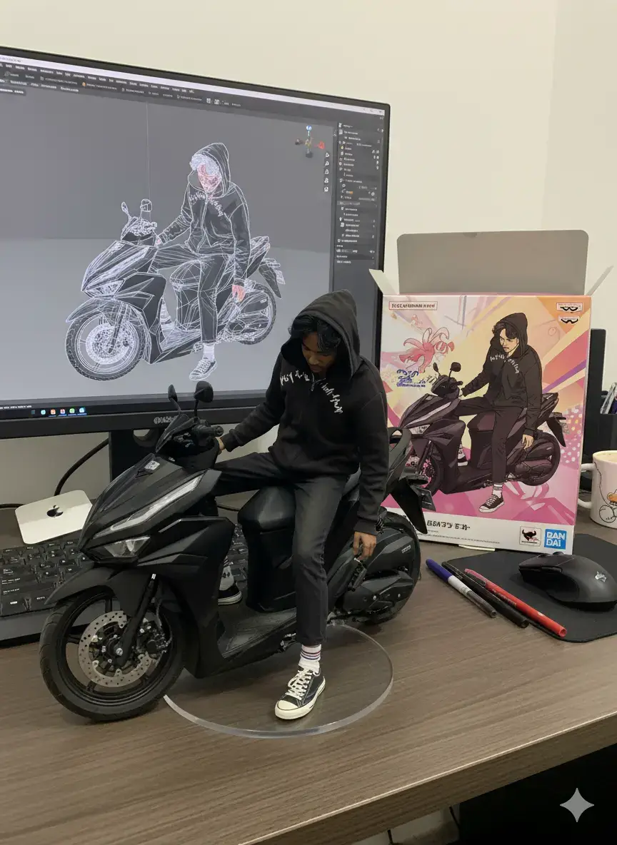 • buka apk/website gemini • pilih foto kalian yang mau dibikin • lalu pake prompt (prompt yang gue gunakan ada 2): 1. prompt : Using the model, create a 1/7 scale commercialized figurine of the characters in the picture, in a realistic style, in a real environment. The figurine is placed on a computer desk. The figurine has a round transparent acrylic base, with no text on the base. The content on the computer screen is the Zbrush modeling process of this figurine. Next to the computer screen is a BANDAI-style toy packaging box printed with the original artwork. The packaging features two-dimensional flat illustrations. 2.Prompt : Buat sebuah gambar fotorealistik dengan gaya hiper-realistis yang sangat detail. Komposisi utama menampilkan sebuah figur motor berskala 1/7 yang diletakkan di atas meja kerja komputer berwarna kayu gelap. Figur motor tersebut sama persis seperti aslinya dengan warna dan part yang akurat. Figur ini berdiri di atas alas akrilik transparan berbentuk kotak tipis. Di atas meja, terdapat dua monitor komputer ultral-wide. Monitor di sisi kiri menampilkan antarmuka software ZBrush dengan model 3D dalam mode X-ray dari motor yang sama sedang dalam proses pemodelan. Monitor di sisi kanan menunjukkan foto asli motor yang dijadikan referensi visual. Gunakan pencahayaan studio yang lembut untuk menyoroti figur dan objek di sekitarnya, menciptakan pantulan cahaya yang halus dan realistis pada permukaan bodi motor. nah hasilnya pasti bisa gitu🙏🙂‍↔️ #fyp #vario #gemini #trend #lewatberanda 