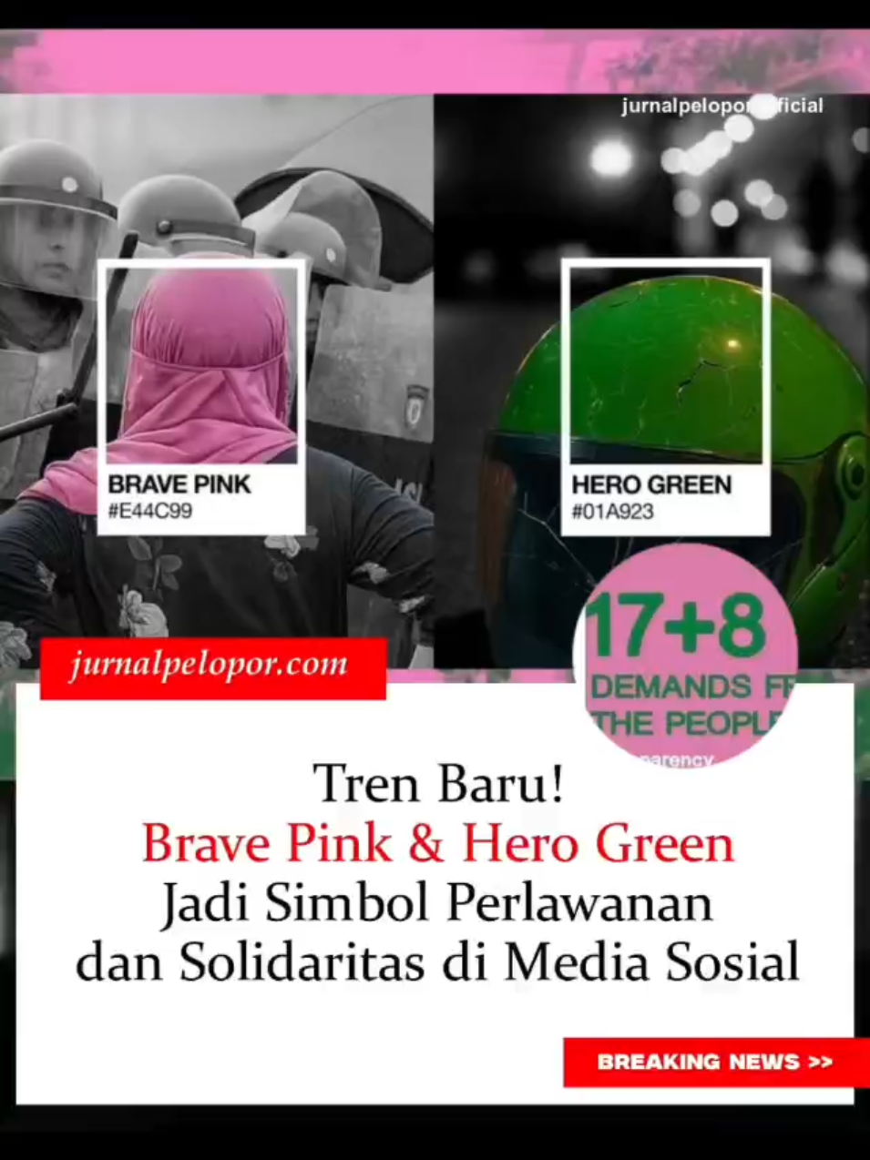 Netizen Indonesia tengah ramai mengubah foto profil mereka dengan nuansa dua warna mencolok: Brave Pink dan Hero Green. Fenomena ini bukan sekadar tren visual, melainkan juga sarat makna simbolis tentang keberanian, solidaritas, dan perlawanan rakyat terhadap ketidakadilan. Asal Usul Brave Pink Warna Brave Pink terinspirasi dari sosok Ibu Ana, seorang demonstran berhijab pink yang viral saat aksi di depan Gedung DPR RI pada Kamis (28/8). Dengan berani, ia berdiri di barisan terdepan menghadapi aparat, sambil mengibarkan bendera Merah Putih yang dipasang pada sebatang bambu. Aksi heroiknya memantik pujian luas karena menjadi simbol suara rakyat yang tidak boleh dibungkam, siapapun orangnya. Makna Hero Green Sementara itu, Hero Green merujuk pada seragam hijau yang identik dengan pengemudi ojek online (ojol). Warna ini menjadi simbol solidaritas setelah insiden tragis yang menimpa Affan Kurniawan, seorang ojol yang tewas terlindas kendaraan taktis Brimob. Padahal, Affan... Baca selengkapnya di https://www.jurnalpelopor.com/tren-baru-brave-pink-hero-green-ramai-dipakai-di-medsos/ Untuk informasi dan berita lainnya, kunjungi jurnalpelopor.com #reels #fyp #viral #berita #prabowo 