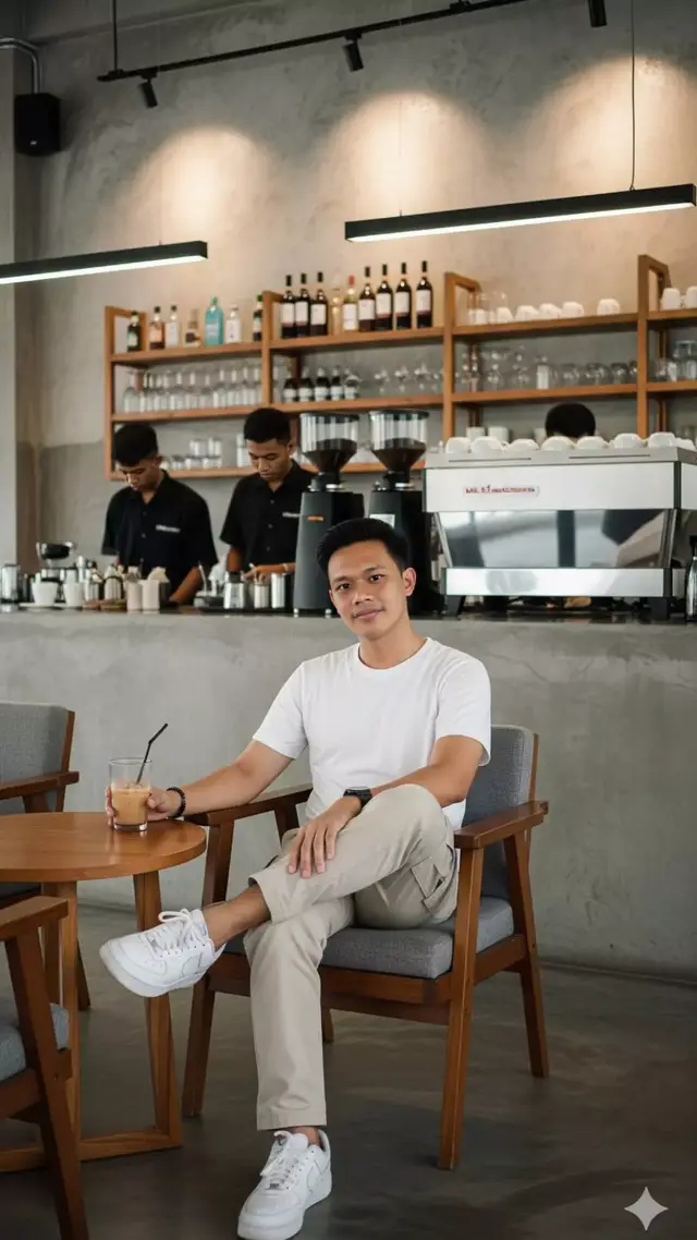 Prompt : A young Indonesian man with black comma hair is sitting relaxed in a modern cafe with a minimalist and aesthetic feel. He is wearing a white t-shirt with beige cargo pants, white Nike sneakers. In his hand is a glass of iced coffee with a black straw placed on a small round wooden table. He sits on a wooden chair with gray cushions, crossing his legs in a relaxed manner, while smiling softly at the camera. Inside the cafe, you can see an industrial-style interior with gray exposed concrete walls, long wooden shelves filled with glass bottles and cups, and a modern coffee machine behind the bar. Two baristas dressed in black are seen busy working. The cafe lighting is warm with long black hanging lamps. The photo nuance is clean, minimalist, natural lighting, and very aesthetic, suitable for lifestyle or hijab fashion content styles. High resolution size 9:16. . #ai #gemini #chatgpt #fypシ゚ #foryoupage❤️❤️ #viraltiktok #trendingtiktok #fyppppppppppppppppppppppp #coffeelovers #coffee #coffeeshop 