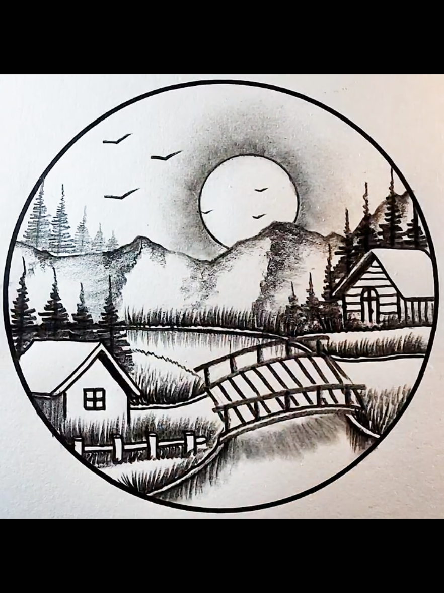 let's draw mountains moon circle scenery with pencil ✏️ . . . #draw #drawings #usatiktok🇺🇸 #drawingprocess #drawingtutorial 