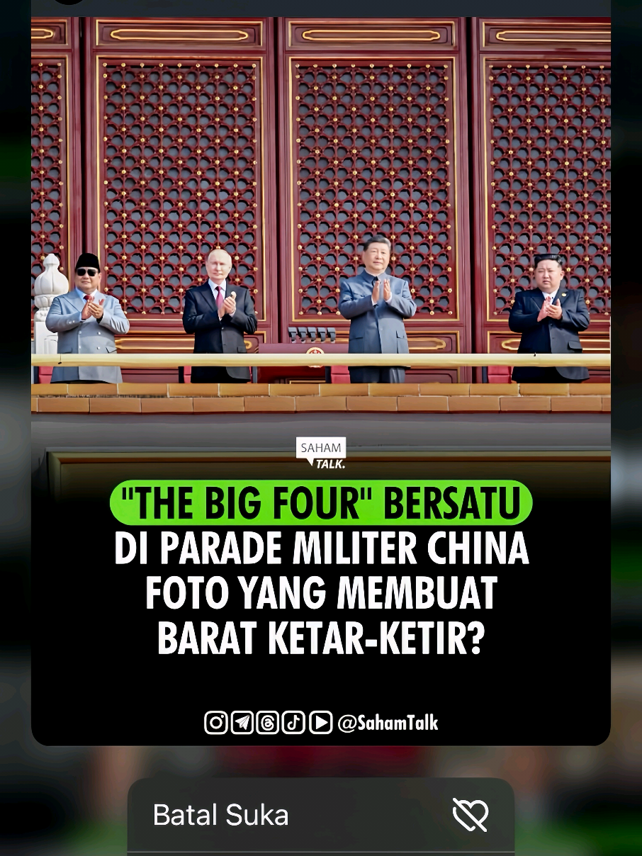 Presiden Tiongkok Xi Jinping menyambut para pemimpin dunia yang menghadiri parade Hari Kemenangan Tiongkok di Beijing pada hari Rabu (3 September). Para pemimpin dunia yang hadir antara lain Presiden Indonesia Prabowo Subianto, Presiden Rusia Vladimir Putin, dan pemimpin Korea Utara Kim Jong Un. #presidenprabowo #indonesia🇮🇩 #beijing #viral #fyp 