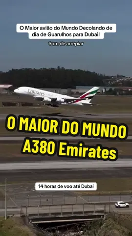O Airbus A380, o maior avião comercial do mundo, leva até 600 pessoas para Dubai! A aeronave decolou de Guarulhos de dia, o que raramente acontece! Um som de arrepiar! #a380 #guarulhos #emirates 