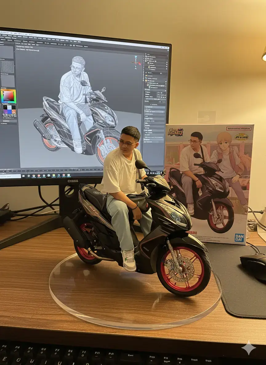 Create a 1/7 commercialized of the characters in the picture, in a real environment. The figurine is placed on a computer desk. The figurine has a round transparent acrylic base, with no text on the base. The content on the computer screen is the Zbrush modeling process of this figurine. Next to the computer screen is a BANDAI-style toy packaging box printed with original artwork. The packaging features two-dimensional flat illustrations. #GeminiAi