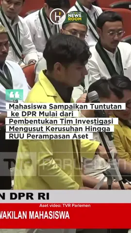 Sejumlah elemen organisasi mahasiswa, baik badan eksekutif mahasiswa (BEM) universitas maupun organisasi mahasiswa lainnya menyampaikan berbagai tuntutan di hadapan para Pimpinan DPR RI saat diterima untuk masuk di kompleks parlemen, Jakarta, Rabu. Adapun sejumlah organisasi yang hadir itu di antaranya BEM Universitas Trisakti, Gerakan Mahasiswa Nasional Indonesia (GMNI), hingga Himpunan Mahasiswa Islam (HMI). Dengan diwakili perwakilannya, tuntutan mereka disampaikan di depan Wakil Ketua DPR RI Sufmi Dasco Ahmad, Saan Mustopa, dan Cucun Ahmad Syamsurizal. 