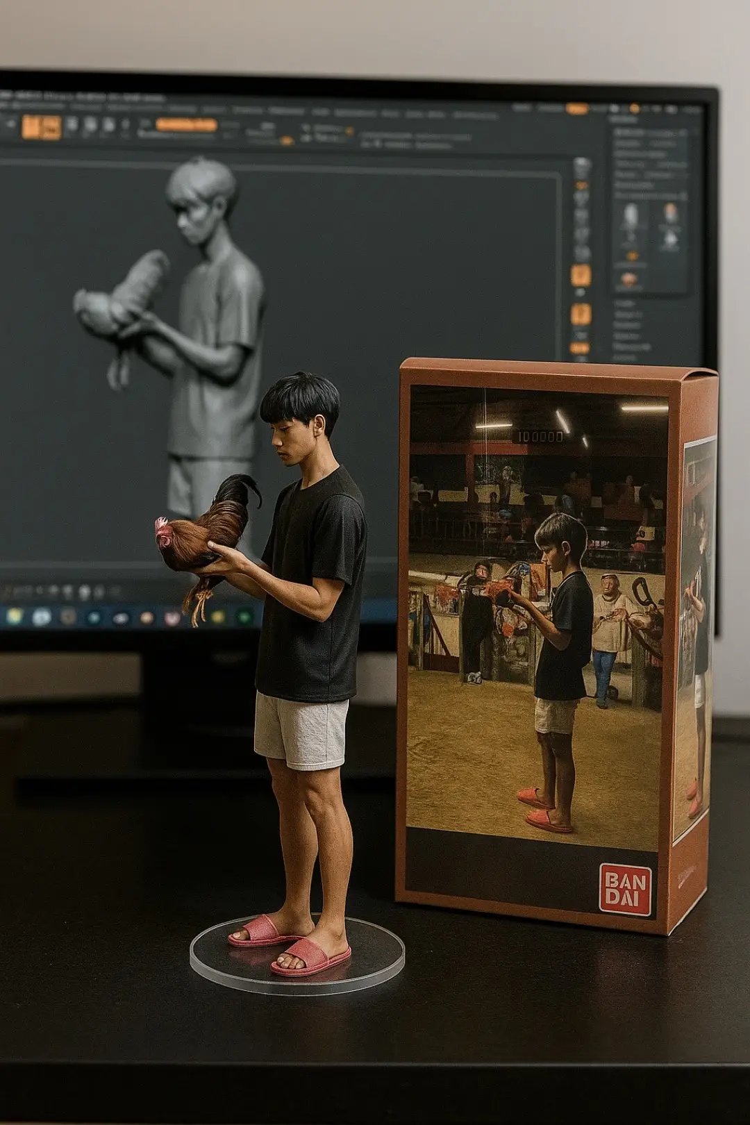 Create a 1 / 7 scale intelligent figurine in the picture, in a realistic style, in a real environment. The figurine is plattered on a computer desk. The figurine has a round transparent acrylic base, with no text on the base. The content on the screen is the Zbrush modeling process of this figurine. Next to the computer screen is a BANDAI-style toy packaging box with printing. The packaging features two-dimensional flat illusion. #fyp #fypシ゚ #trending #fyppppppppppppppppppppppp #viral #batangsabungero 