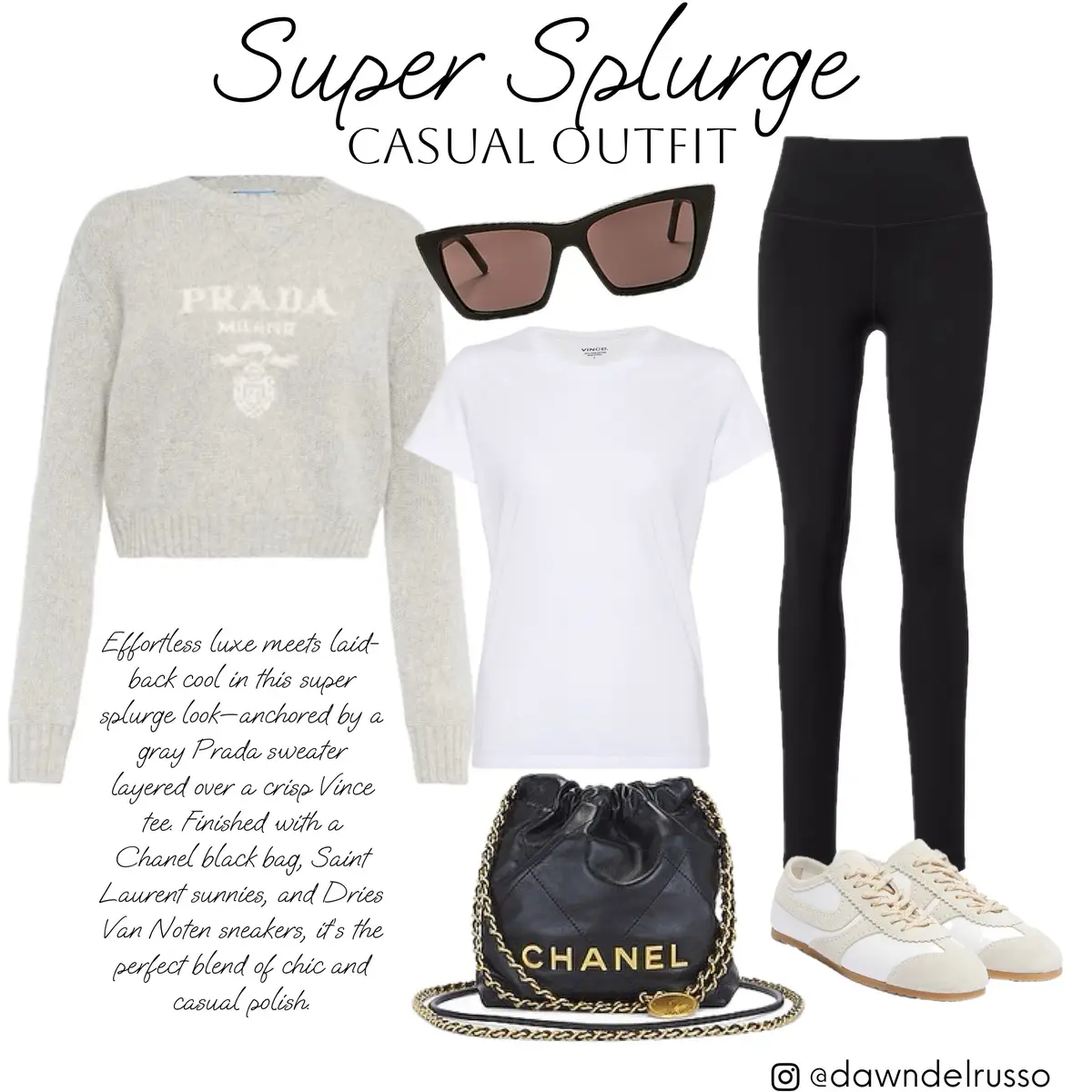 Early fall splurgy outfit for a casual day all links on @shoplt Effortless luxe meets laid-back cool in this super splurge look—anchored by a gray Prada sweater layered over a crisp Vince tee. Finished with a Chanel black bag, Saint Laurent sunnies, and Dries Van Noten sneakers, it’s the perfect blend of chic and casual polish. 