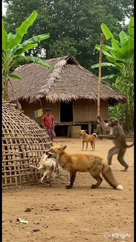 Can a Monkey Stop a Fox from Stealing the Chicken? #MonkeyVsFox #VillageDrama #AIWildlife #लोमड़ी #zorro A cunning fox makes off with a chicken, but the monkey won’t let it go.   In a rural standoff, instinct and courage collide.   Stay tuned — the battle for survival is intense.