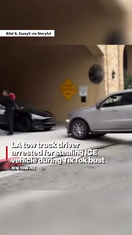 A tow truck driver was arrested after allegedly laughing and filming himself while towing away an ICE vehicle, as agents struggled to detain an anti-ICE TikTok influencer in the country illegally. See more at the link in our bio.