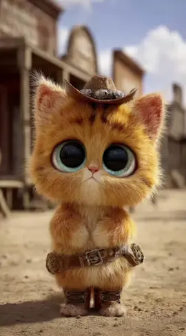 In einer staubigen Cowboy-Stadt steht ein kleiner roter Kater mit Cowboyhut und Revolvergurt. Erst wirkt er unschuldig, doch dann zieht er eine rote Rose hinter seinem Rücken hervor. Mit leicht geneigtem Kopf und einem süßen Lächeln zeigt er seine kleinen Zähnchen – ein Moment voller Charme und Magie. 🌹✨🤠 #fluffyfriends #cute #magicmoment #pussinboots #heartwarming