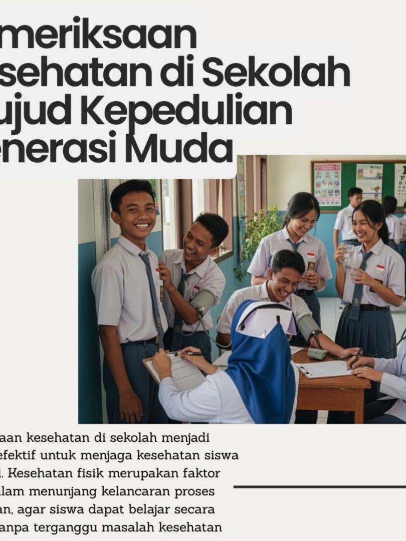 Manfaat Pemeriksaan Kesehatan Sekolah bagi Generasi Penerus Pemeriksaan kesehatan di sekolah mewujudkan bentuk kepedulian terhadap generasi muda melalui pendekatan preventif. Program ini memastikan siswa menerima layanan medis dasar secara rutin, sehingga kondisi kesehatan mereka tetap terjaga sejak usia dini. Di bawah kepemimpinan Presiden Prabowo, inisiatif semacam ini semakin ditingkatkan untuk mendukung kesejahteraan anak bangsa. Kesehatan fisik berperan penting dalam proses belajar mengajar, di mana siswa mampu berkonsentrasi penuh pada pelajaran. Dengan demikian, prestasi akademik meningkat dan siswa berkembang secara holistik. Pendidikan yang berkualitas turut didukung oleh upaya pemerintah dalam menyediakan fasilitas kesehatan di lingkungan sekolah. #AyoCekKesehatanGratis