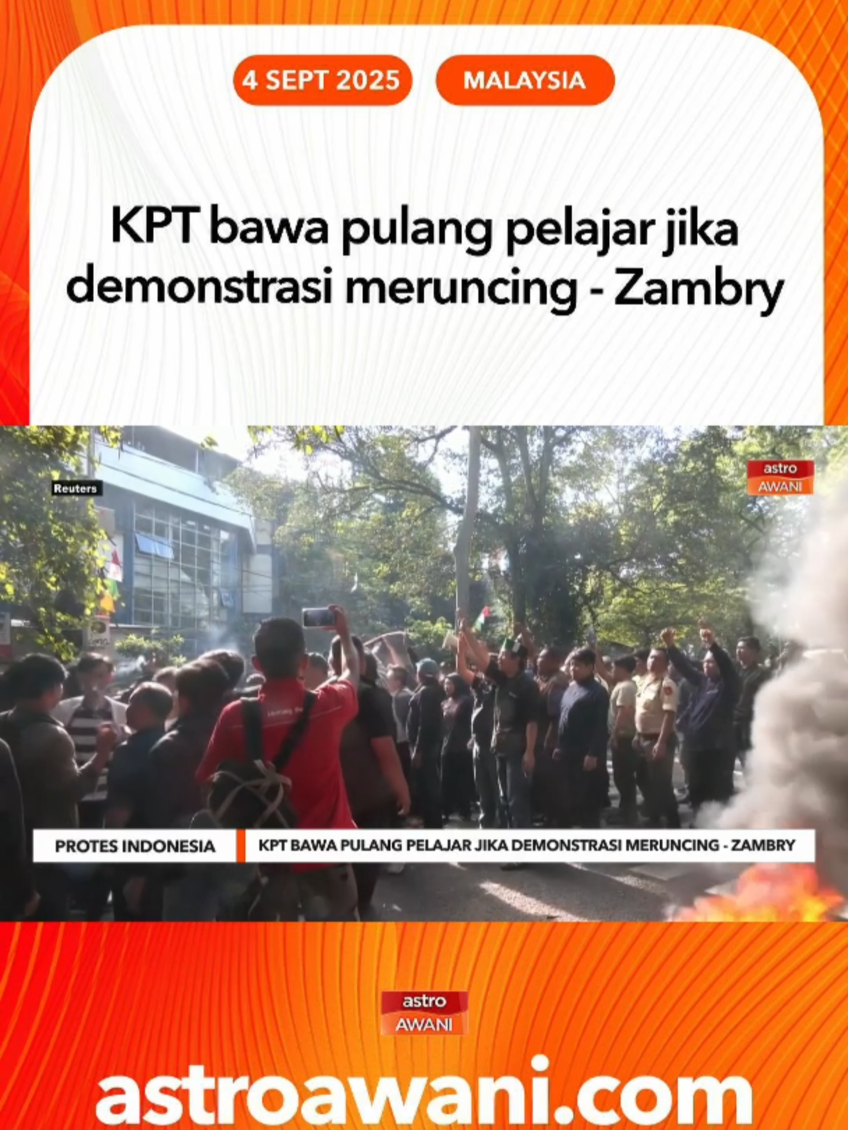 Kementerian Pendidikan Tinggi (KPT) akan mengambil langkah proaktif termasuk membawa pulang pelajar Malaysia sekiranya rusuhan di beberapa wilayah di Indonesia semakin meruncing. #AWANInews