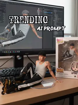 Trending AI Toy Prompt  Create a 1 / 7 scale intelligent figurine in the picture, in a realistic style, in a real environment. The figurine is plattered on a computer desk. The figurine has a round transparent acrylic base, with no text on the base. The content on the screen is the Zbrush modeling process of this figurine. Next to the computer screen is a BANDAI-style toy packaging box with printing. The packaging features two-dimensional flat illusion. #trendingai #aiprompt #ai #prompt #aitoy 