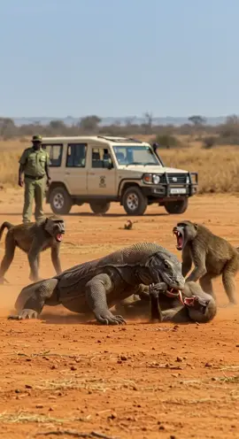 Brave Baboon Fights Komodo to Save His Friend -- -- -- #komododragon #baboonrescue #animalrescue #junglefight #viralwildlife