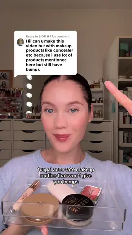 Replying to @S O P H I A Fungal Acne Safe makeup routine!! So hard to find FA safe makeup. All products here: @Kylie Cosmetics skin tint in ‘2W’ @Iconic London seamless concealer in ‘natural beige’ (alternatives are @nyxcosmetics_uk and @Fenty Beauty concealers) @Milani Cosmetics conceal and perfect powder @Anastasia Beverly Hills smooth blur bronzer in ‘warm sand vibes’ @Diorbeauty blush in ‘rosewood’ #fungalacne #MakeupRoutine #cloggedpores #acnesafe #makeup 