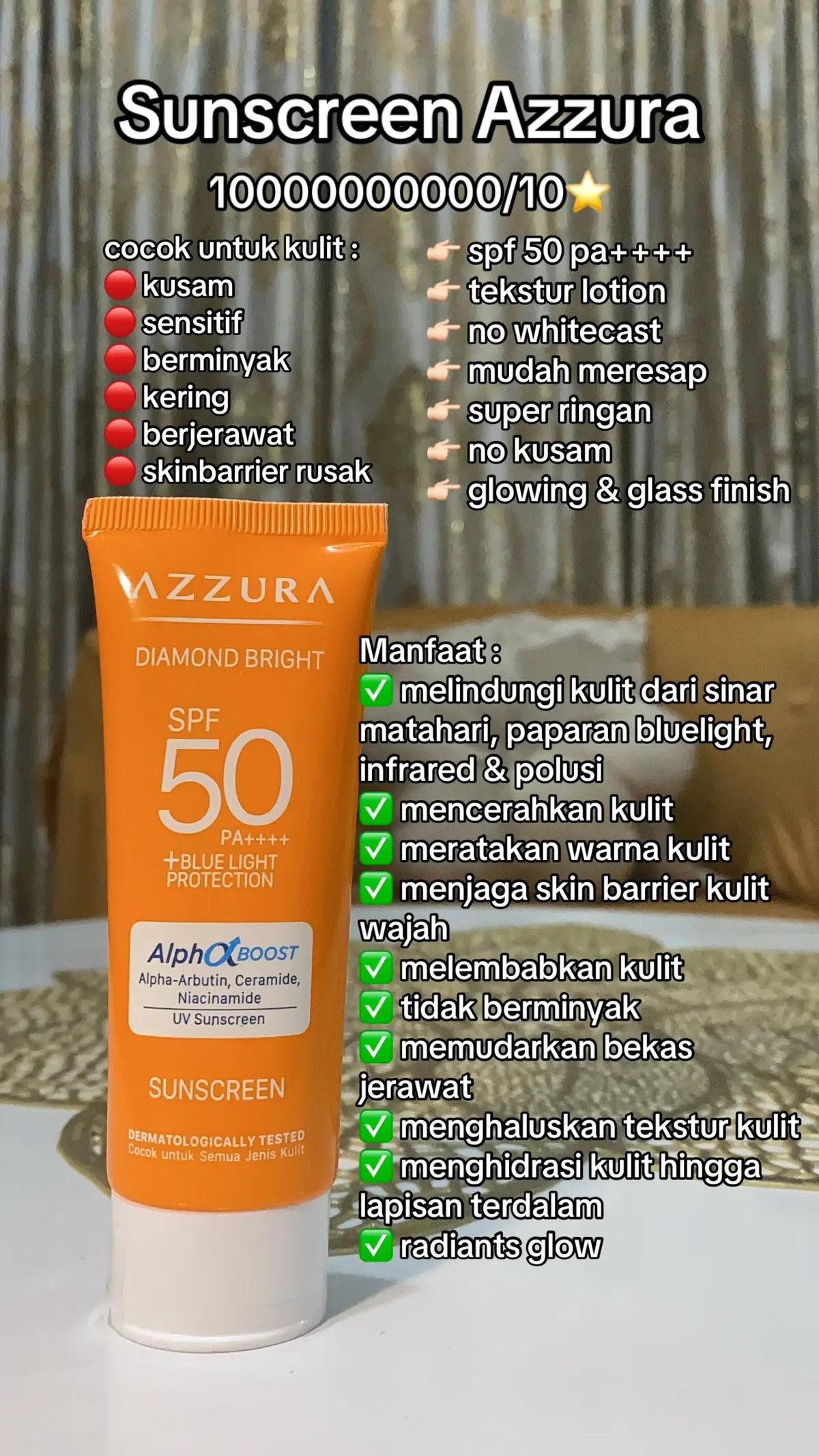 Benerbener GLASS SKIN dibuatnya🫶🏼🫶🏼🫶🏼 #sunscreen #sunscreenviral #sunscreenreview #azzuracosmetics #fyp 