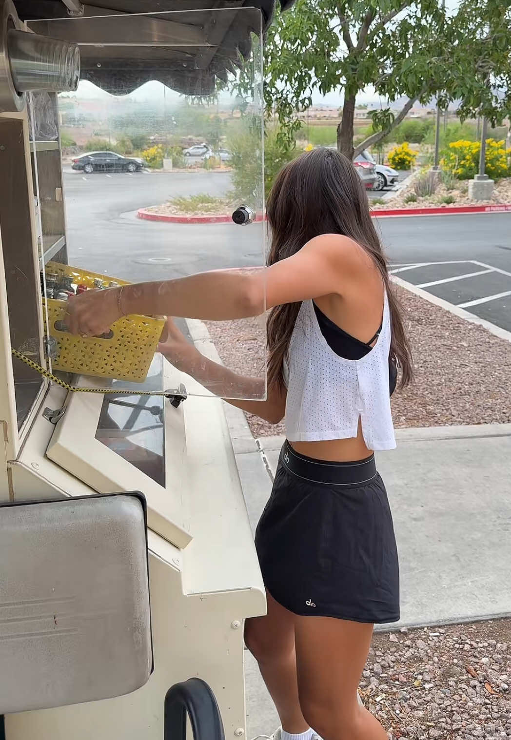 Miss girl is hanging on by a thread🚙🫣 #golf #golftiktok #cartgirl  Shirt- @Nike  Skirt- @alo  Shoes- @New Balance 
