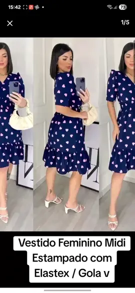 Vestido Feminino Midi Estampado com Elastex / Gola v