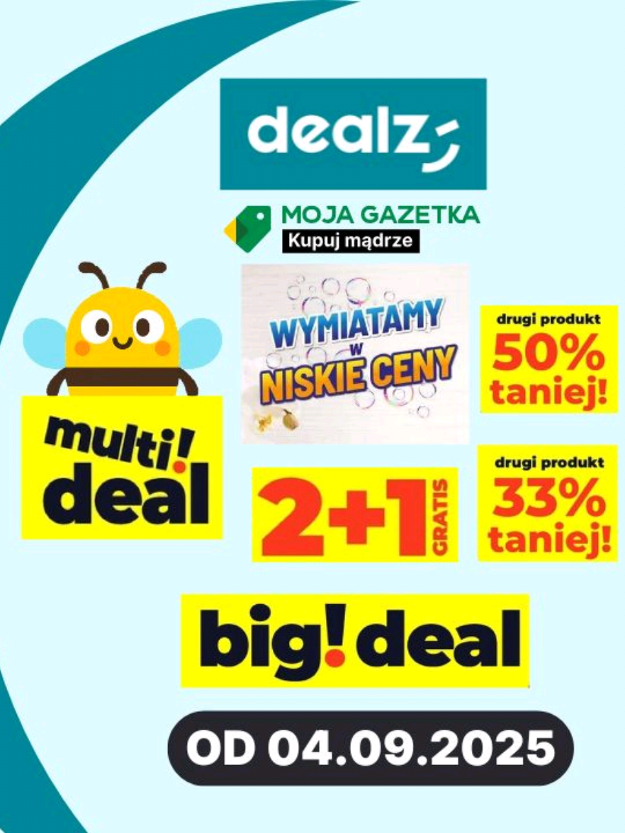 💚Już od CZWARTKU 04/09/25! 💚Nowa gazetka Dealz! 💚Wymiata niskie ceny!💚 Nowa gazetka Dealz już dostępna w Moja Gazetka! Sprawdź atrakcyjne promocje na artykuły do sprzątania i środki czystości. W ofercie soda do czyszczenia Clovin za jedyne 6 zł (500g), pianka do czyszczenia odpływów Yugqu w super cenie 16 zł (450ml) oraz ściereczki z mikrofibry Neon w promocji 50% taniej przy zakupie drugiego opakowania (4,50 zł/opak.). Gazetka Dealz obowiązuje od 04.09.2025 do 17.09.2025 lub do wyczerpania zapasów. Wszystkie aktualne gazetki promocyjne Dealz znajdziesz w aplikacji i na portalu Moja Gazetka. Nie przegap okazji na 
