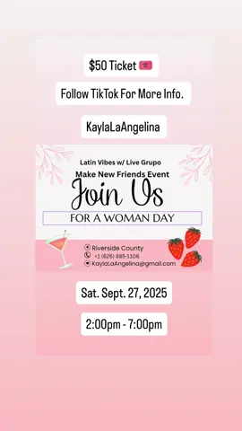 ✨ 𝗝𝗼𝗶𝗻  𝗢𝘂𝗿 𝗪𝗼𝗺𝗲𝗻'𝘀 𝗙𝗿𝗶𝗲𝗻𝗱𝘀𝗵𝗶𝗽 & 𝗖𝗼𝗻𝗻𝗲𝗰𝘁𝗶𝗼𝗻 𝗗𝗮𝘆! ✨ 🎟 $𝟱𝟬 𝗧𝗶𝗰𝗸𝗲𝘁 — proceeds go toward live music! Some girls are also turning it into a potluck, bringing food and drinks to share. We’re hosting a special daytime pool event in Riverside County created just for women. The idea is simple: 💭 Are you a full-time mom with little time to make friends? 💭 Always working and just need a break? 💭 Finding it harder to make new friends at this age? This is your chance to get away, enjoy live Grupo music 🎶, good food 🥗, drinks 🍹, and meet amazing new women in a fun, welcoming atmosphere. It’s all about friendship, connection, and networking. 💕 If you’re part of a spa, beauty, makeup, or hair business, this is a perfect opportunity to mingle, share what you do, and connect with other women! 📍 Location: Eastvale, Riverside County  📅 Date: Saturday September 27, 2025 🕑 Time: 2:00pm - 7:00pm Come relax, dance, network, and build new friendships with us — you deserve it! 🌸 #WomensDayEvent #LatinaMoms #WomenMakingFriends #DaytimePoolParty #Riverside