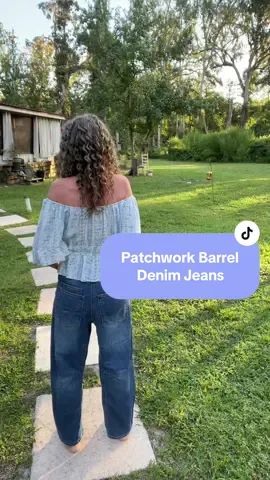 Patchwork barrel jeans, barrel jeans,wide leg jeans, trending fashion, viral jeans, comfy jeans #tiktokshopcreatorpicks 