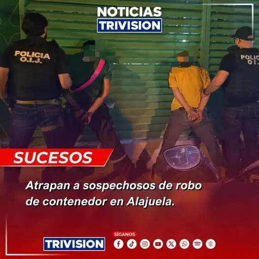 🔴#NoticiasTrivision | Un operativo en Alajuela terminó con la captura de dos hombres, uno de ellos con orden de captura pendiente por hurto de semirremolque en Limón. Según el OIJ, el principal sospechoso, de apellido Mora y 25 años, habría participado en el robo de un contenedor con mercadería en junio. El otro es un hombre de apellido Bolaños de 40 años. La investigación permitió ubicar el vehículo en Heredia y recolectar pruebas.