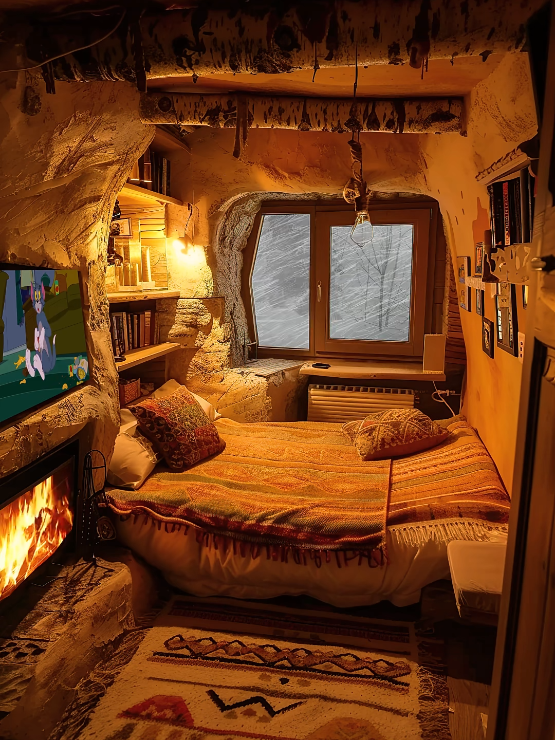 🛖🔥 Ultimate Cozy Cave Corner ❄️📚 This snug little nook is giving serious hobbit hideaway meets rustic boho vibes. The natural rock walls, woven blankets, roaring fireplace, and bookshelf-lined walls create a perfect storm of comfort. Add in a blizzard outside and classic cartoons on the screen? Total winter hibernation dream. #CozyCave #RusticVibes #WinterSnug #FireplaceFeels #Cottagecore #TinyHomeGoals #HobbitHole #SnowDaySanctuary #TomAndJerryAndChill #BohoCabin