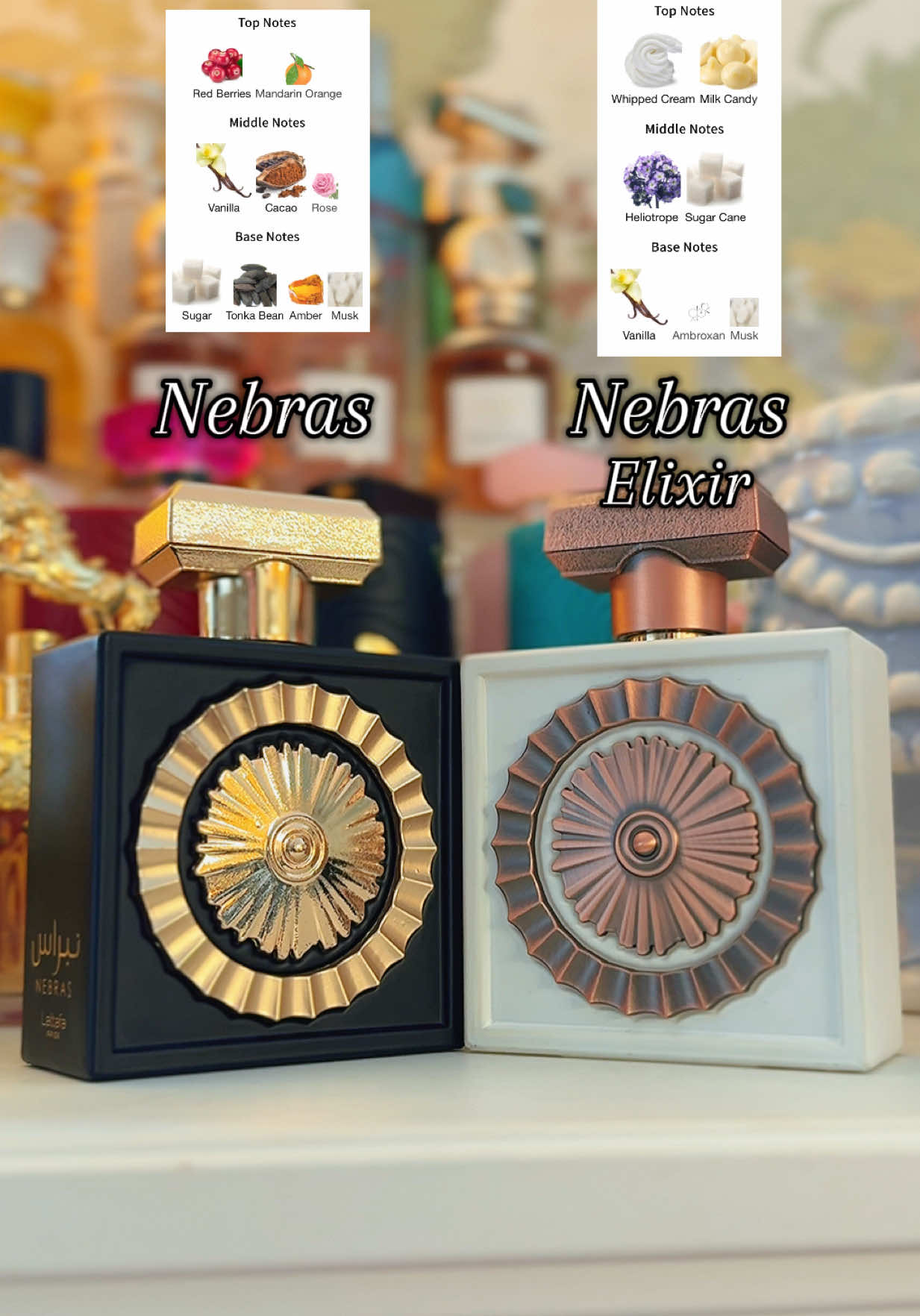 She’s home! Here’s the note breakdown side by side of Nebras and the new Nebras Elixir by @Lattafa Perfumes! It’s safe to say I fell IN LOVE with the Elixir on first sniff! No, she’s not a Bianco dupe- she is creamy and candied milk, with a syrupy lightness- but I’ve never smelled this DNA before. She’s spectacular. Currently sold out but I will let you know when it’s back in stock!  @LATTAFA USA #perfumetok #vanilla #perfume #newperfume #megalive 