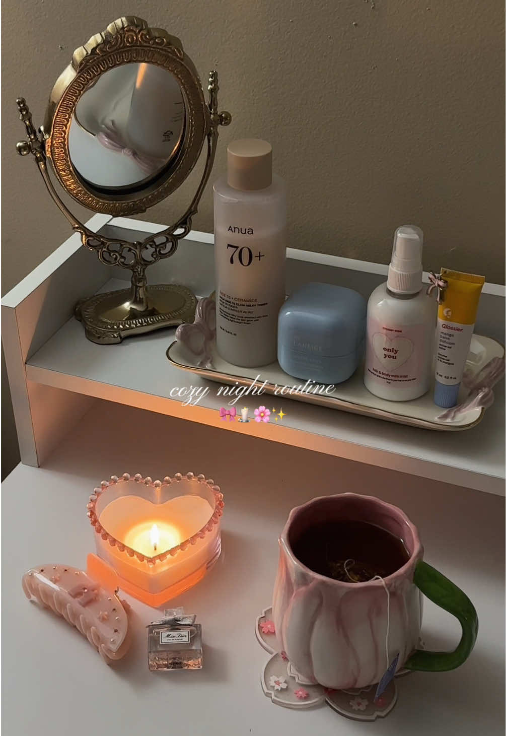 cozy night routine 🎀🕯️🌸✨ #cozy #nightroutine #nighttimeroutine #girly #girlyaesthetic  @chubby star @anua_global @laneige_us @Glossier @Diorbeauty 