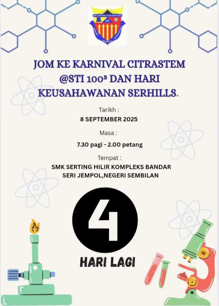 🚀✨ Haaa gaisss! Dah ready belum? KARNIVAL CITRASTEM @STI 100³ & HARI KEUSAHAWANAN SERHILLS bakal berlangsung tak lama lagi! 🎉.. Jom datang ramai-ramai 🤩.. ! 👉 Save the date & jangan lepaskan peluang ni! Tag kawan-kawan, ajak satu geng datang! 👫👭👬 #CitraSTEM2025 #SerHills #HariKeusahawanan #STI100³ #JomSerbu