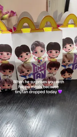 He tried to get all 7 but only 3 were left 😆 bts happy meal @McDonald’s  #bts #tinytan #bangtan #mcdonalds #happymeal 