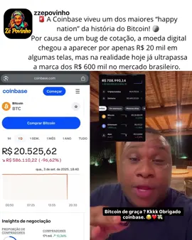 🚨 Coinbase e o bug histórico do Bitcoin 🪙 A Coinbase, uma das maiores corretoras de criptomoedas do mundo, protagonizou um dos episódios mais marcantes do mercado digital: um bug de cotação que fez o Bitcoin aparecer por apenas R$ 20 mil em telas de usuários brasileiros. O erro aconteceu em meio a um período de instabilidade no sistema da exchange, levando muita gente a acreditar que o preço da moeda havia despencado de forma repentina. Na realidade, tratava-se de uma falha técnica que não refletia o valor real da criptomoeda. Hoje, o Bitcoin ultrapassa os R$ 600 mil, consolidando sua posição como o ativo digital mais valorizado do mercado. #Bitcoin #Coinbase #Bug #Criptomoedas #Investimento    