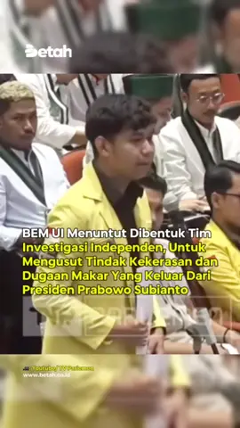 DPR RI menerima perwakilan dari OKP dan elemen mahasiswa. Mereka diterima oleh para pimpinan DPR, yaitu Sufmi Dasco Ahmad, Saan Mustofa dan Cucun Ahmad Syamsurijal. Pertemuan digelar di ruang Abdul Muis, Gedung Nusantara, Kompleks Parlemen, Jakarta, Rabu (3/9/2025). Kurang lebih tiga jam agenda menerima perwakilan mahasiswa berlangsung. Perwakilan dari BEM UI, Agus Setiawan, memberikan dua tuntutan, salah satunya yaitu membentuk tim investigasi independen untuk menindaklanjuti kekerasan dalam aksi demontrasi. Pembentukan tim investigasi independen sekaligus mengusut dugaan tindakan yang mengarah kepada makar dalam aksi yang memicu kerusuhan. Hal tersebut disampaikan Agus, seiring pernyataan yang disampaikan Presiden Prabowo terkait adanya dugaan makar atas aksi yang memicu kerusuhan. === Terus dukung @hidupbetah untuk berkembang, share dan follow @hidupbetah agar tidak ketinggalan update yang disajikan. === #hidupbetah #reels #viral #bem #mahasiswa 