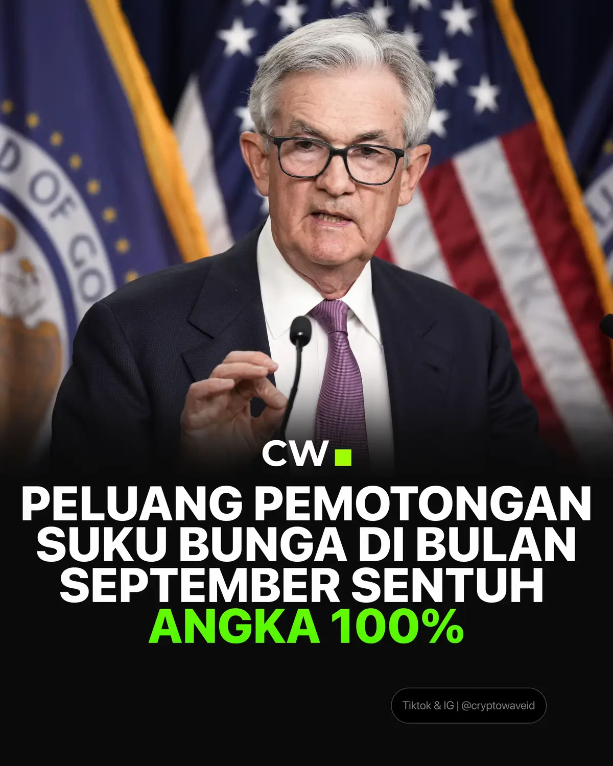 Peluang pemangkasan suku bunga Federal Reserve pada pertemuan September semakin besar. Menurut data dari Bloomberg Terminal, peluang pemangkasan suku bunga tembus angka 100% Sumber: Bloomberg Terminal #bitcoin #crypto #jeromepowell #cryptowave