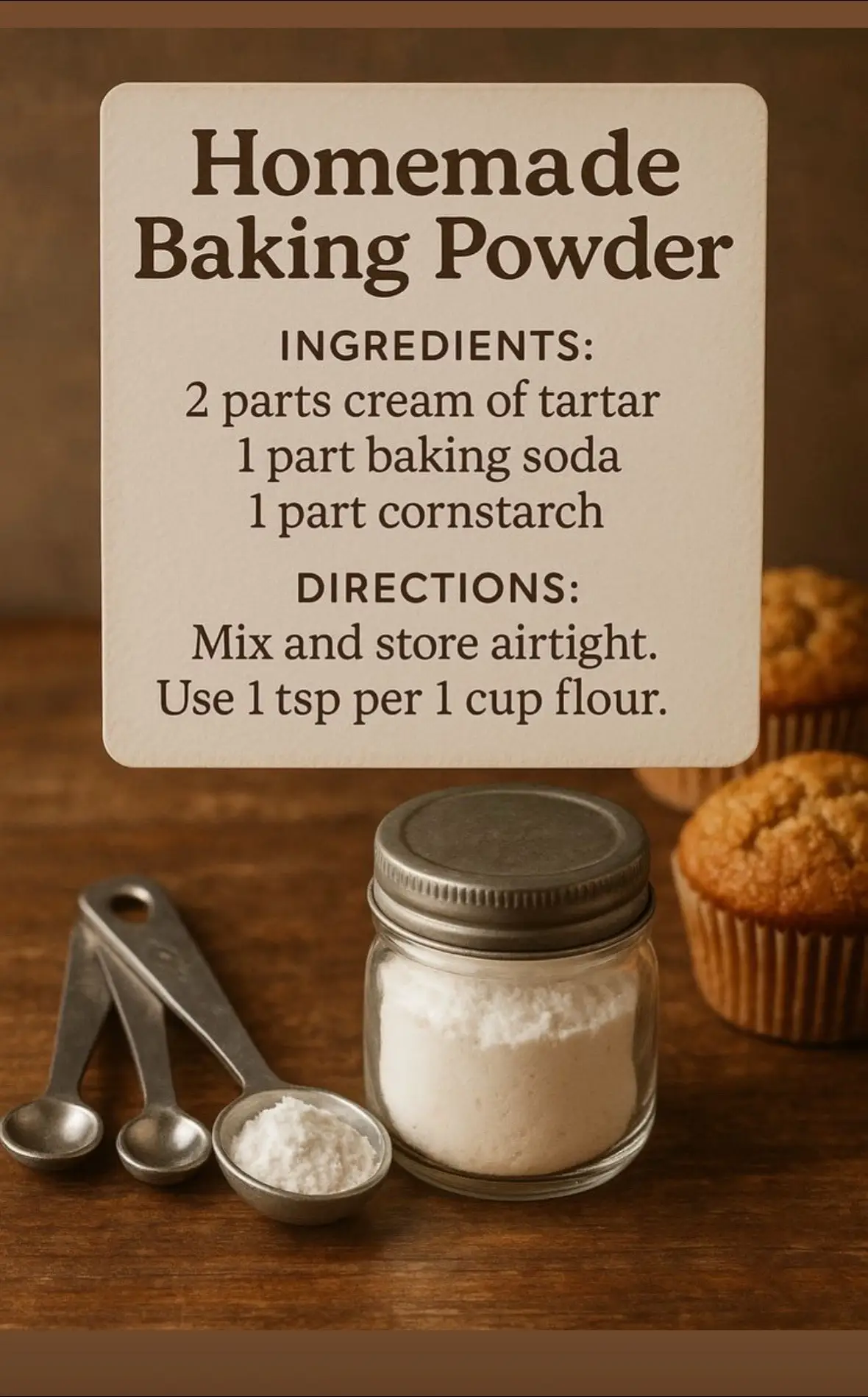 These DIY baking essentials save the day for cookies, cakes, pancakes, and biscuits. Homemade Baking Powder Ingredients: 	•	2 parts cream of tartar 	•	1 part baking soda 	•	1 part cornstarch Directions: 	1.	Whisk cream of tartar, baking soda, and cornstarch together until well combined. 	2.	Store airtight. Use 1 tsp per 1 cup flour in recipes. DIY Self-Rising Flour Ingredients: 	•	1 cup all-purpose flour 	•	1 ½ tsp baking powder 	•	¼ tsp salt Directions: 	1.	Mix flour, baking powder, and salt until evenly blended. 	2.	Use in place of store-bought self-rising flour for biscuits, pancakes, and muffins. Now you’ll never run out of key baking ingredients again!