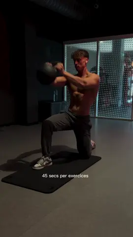 45 secs per exercices/ 5 rounds no rest between exercices/ 45 secs rest after each rounds 1.Cross body swings 2.Gorilla swings 3Around the world 4.Twist 5. Plank pull through 6. Plank pull back