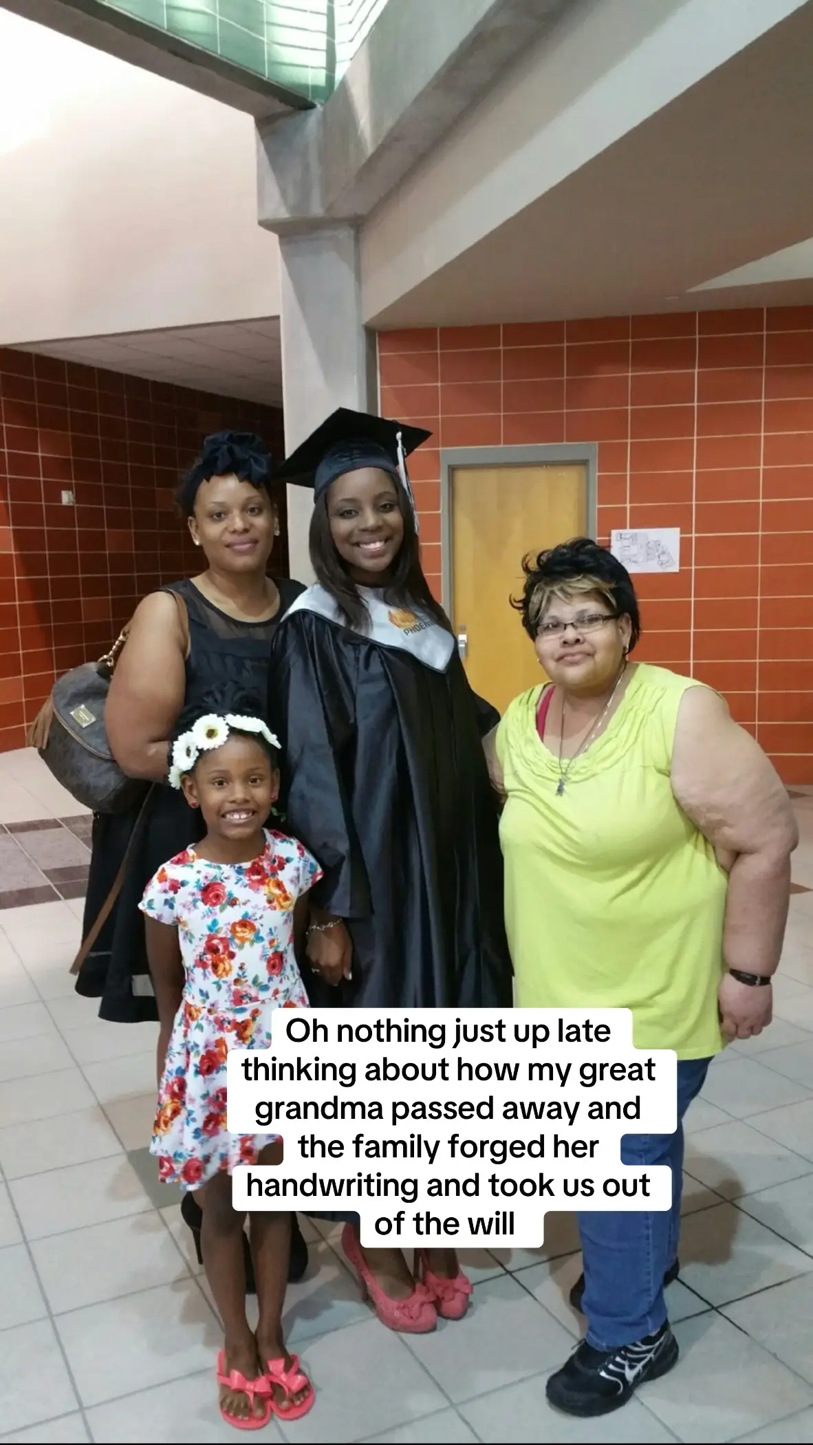 This is my nana in the picture with us which is my moms mom she passed a few years ago back but one of her sisters decided to take her name out my great grandmas will so the money that would’ve been my nanas to be passed to my mom is nothing. Anyone know a good probate lawyer 💀 #laywer #familydrama #moneyisevil