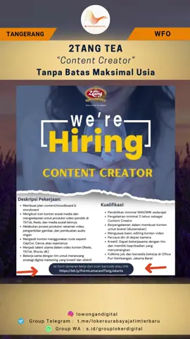 Lowongan Content Creator 2Tang Tea #lokertangerang#lokerkotatangerang#lokercreative#infolowongankerja#lowker 