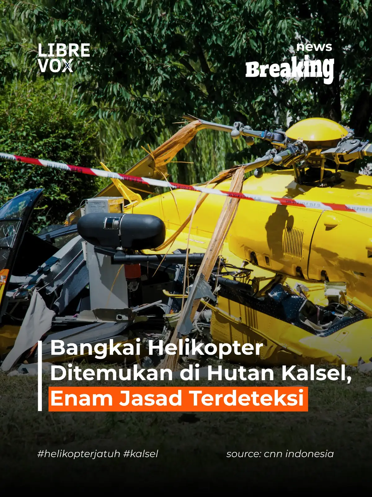 Jakarta, CNN Indonesia -- Petugas mendeteksi potongan enam jasad korban kecelakaan helikopter di kawasan hutan Gunung Belumutan, Desa Emil Baru, Mentewe, Tanah Bumbu, Kalimantan Selatan. Tim Anggrek 1 Cabang Nangka, Remisor, sebagai saksi yang pertama menemukan bangkai Helikopter BK117 D3, mengatakan setelah berada di lokasi penemuan pada Rabu (3/9) sekitar pukul 14.45 WITA, lebih dari 50 meter terlihat seorang jasad dengan kulit berwarna putih dan badan besar dengan posisi tengkurap. 