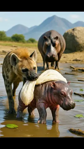 hyena just want to adopt baby hippo right? 😱 #animals #hyena #hippo 