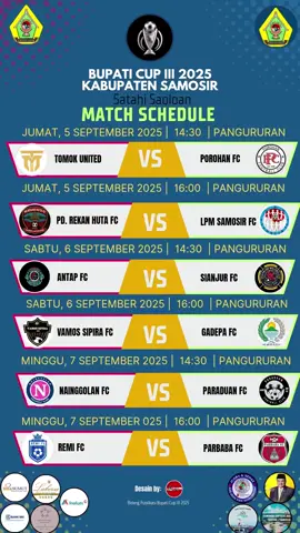 Jadwal pertandingan Bupati Cup III 2025 pekan ini. #Bupati_Cup_III  #Kabupaten_Samosir  #2025 