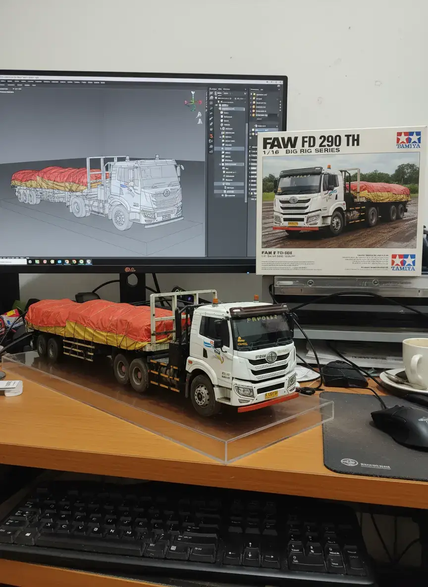 tekss: create a 1/18 scale commercialized figurine of the car in the picture, in a realistic style, in a real environment. The figurine is placed on a computer desk. The figurine has a transparent acrylic base, with no text on the base. The content on the computer screen is the ZBrush modeling process of the figure. Next to the computer screen is a TAMIYA style toy packaging box printed with the original artwork. #fypシ゚ #trendminiatur #masukberanda #fyp 