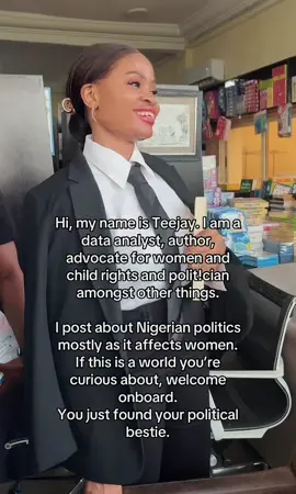 I decided to dedicate my page to talking about how Nigerian Politics affect women in Nigeria. I realized that many women in Nigeria do not understand how their political decisions affect their rights and well being.  If you’re interested in this type of content, welcome. #nigerianpolitics #nigerianwomeninpolitics #politicsinnigeria 