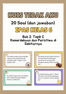Kuis Tebak Aku IPAS Kelas 6 Bab 2 Topik C - Kemerdekaan dan Peristiwa di sekitarnya Seru & Interaktif) Cocok digunakan untuk: 🌼 Ice breaking sebelum kelas dimulai - bikin siswa semangat belajar. Refleksi sebelum pulang sekolah memastikan siswa mengingat materi hari itu. 🌼 Kuis acak interaktif - siswa memilih sendiri soal yang akan dijawab, jadi suasana kelas lebih hidup. 🌼 Bisa dipakai berulang kali dalam berbagai suasana belajar. Format PDF siap pakai Lengkap semua topik? ek link di bio #ipaskelas6 #BahanAjarSD #SejarahKemerdekaan #Ikpdipas #Ikpd