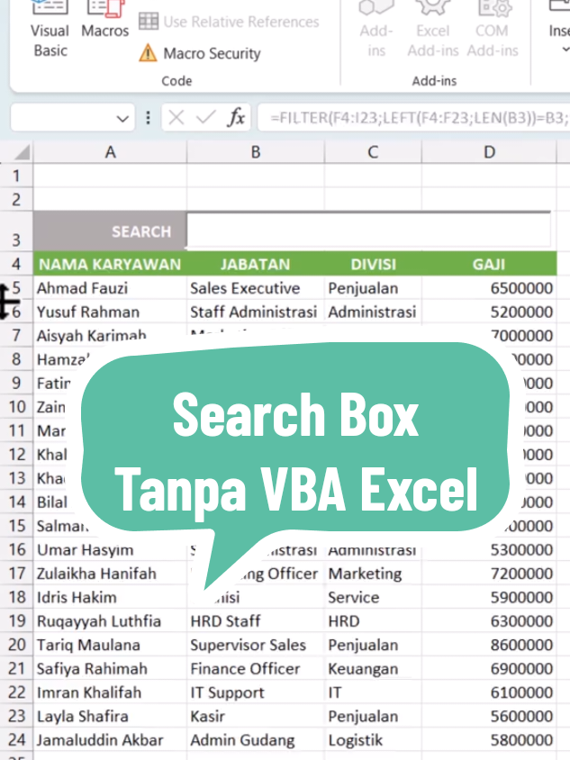 Search Box Excel Tanpa VBA Cuma pakai rumus + text box, kamu bisa bikin search box di Excel. Data langsung ketemu saat diketik. Cocok buat laporan HR & database. 📚 Buku Excel pemula tersedia di keranjang kuning. Hashtag: #SearchBox #ExcelTips #ExcelPemula #BelajarExcel #exceltrik 