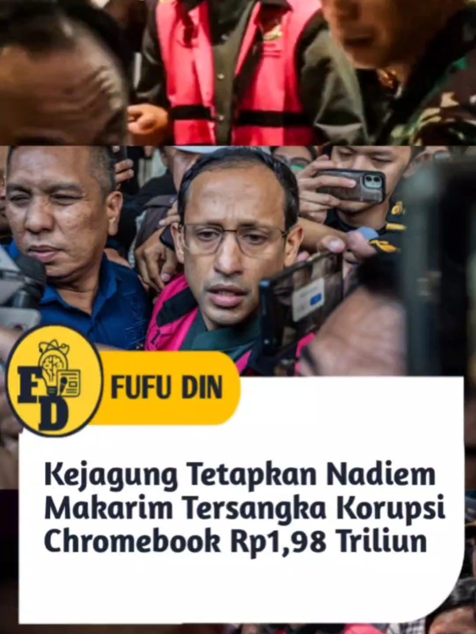 Nadiem Makarim resmi ditetapkan sebagai tersangka oleh Kejaksaan Agung dalam kasus dugaan korupsi pengadaan laptop Chromebook. Kerugian negara ditaksir mencapai Rp1,98 triliun. Saat ini, Nadiem ditahan selama 20 hari di Rutan Salemba, Jakarta Selatan. Bagaimana pendapat kalian soal kasus ini? 🤔 #NadiemMakarim #KasusLaptop #BeritaTerkini #Kejagung #FYP